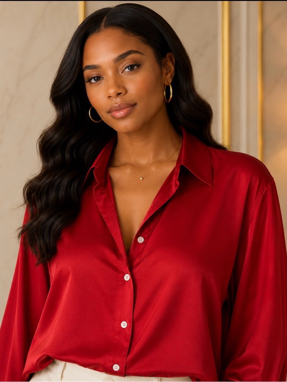 Zara Red Satin Button Down Blouse Long Sleeve Silky Collared Shirt | Large